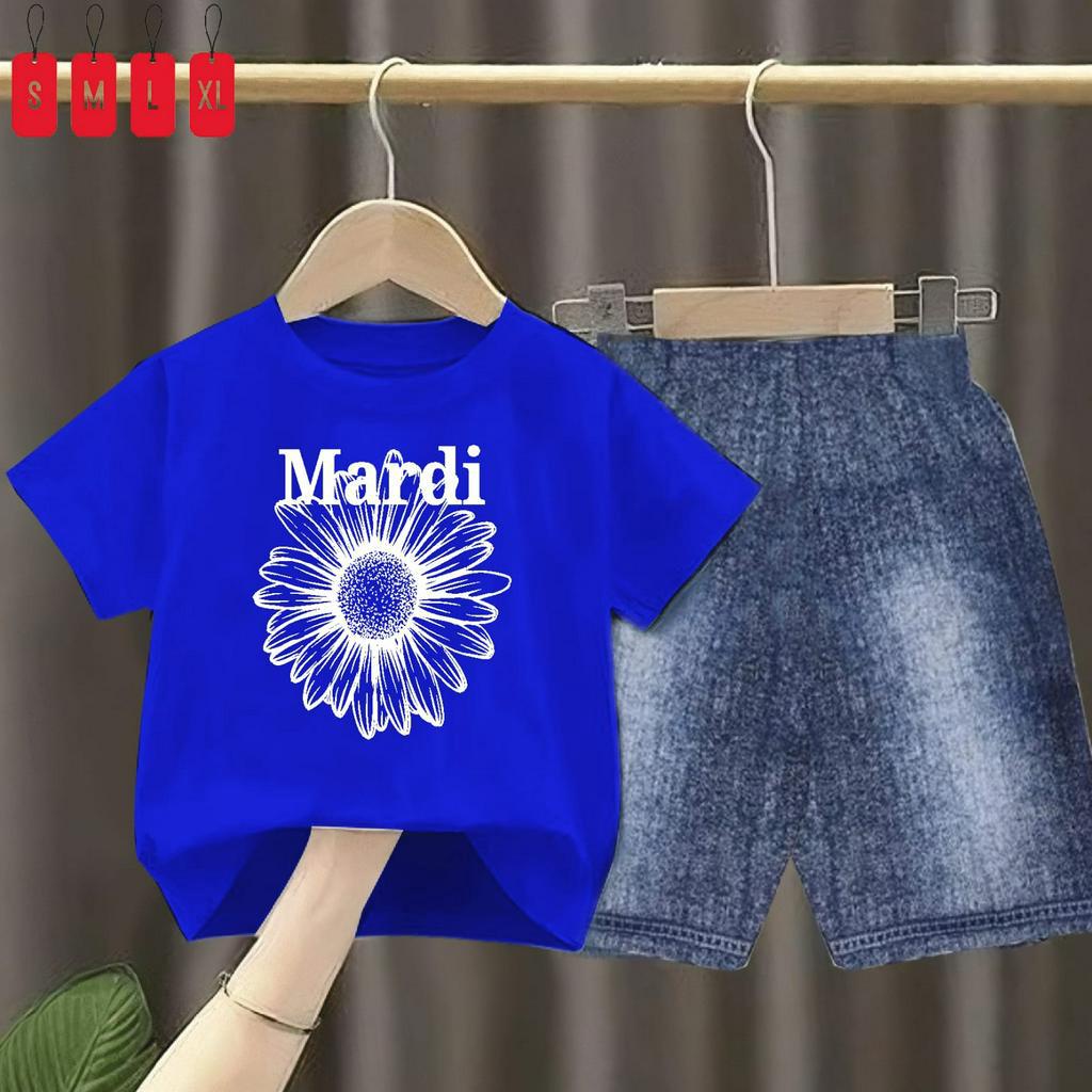 Setelan Kaos Anak Mardl Flower Celana Semi Jeans Pendek/oneset SPJ