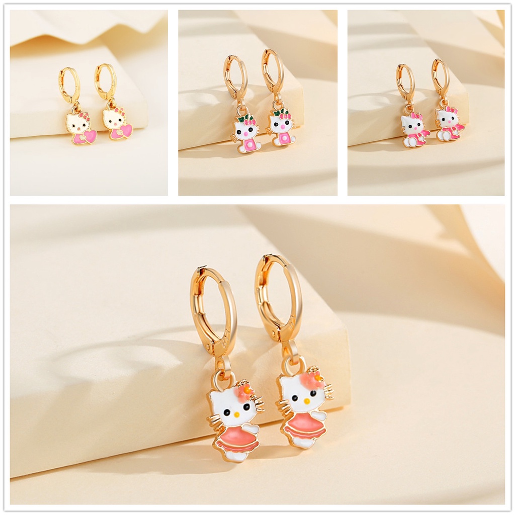 Y129【Pengiriman di tempat】Anting Anak Hello Kitty Karakter Kartun Dessy &amp; Bulat Perhiasan Lapis Emas Anting Anak Little Hello Kitty Pink