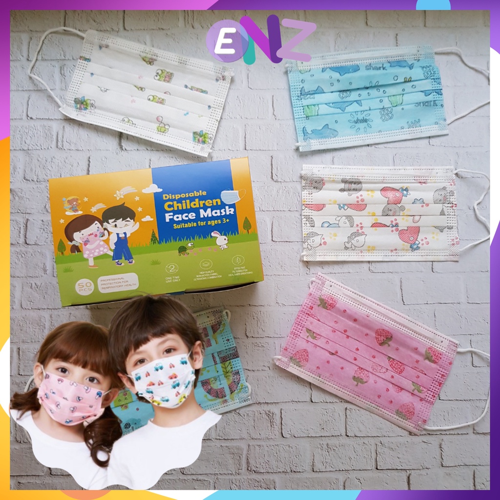 ENZ ® Masker Anak Karakter Model Earloop 3ply isi 50 pcs 3 ply / Masker anak cewe cowo 3ply Medical grade 1033