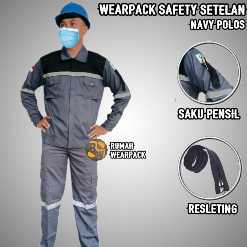 Setelan Baju Safety Abu Tua Kombinasi Hitam  dan Celana Abu tua