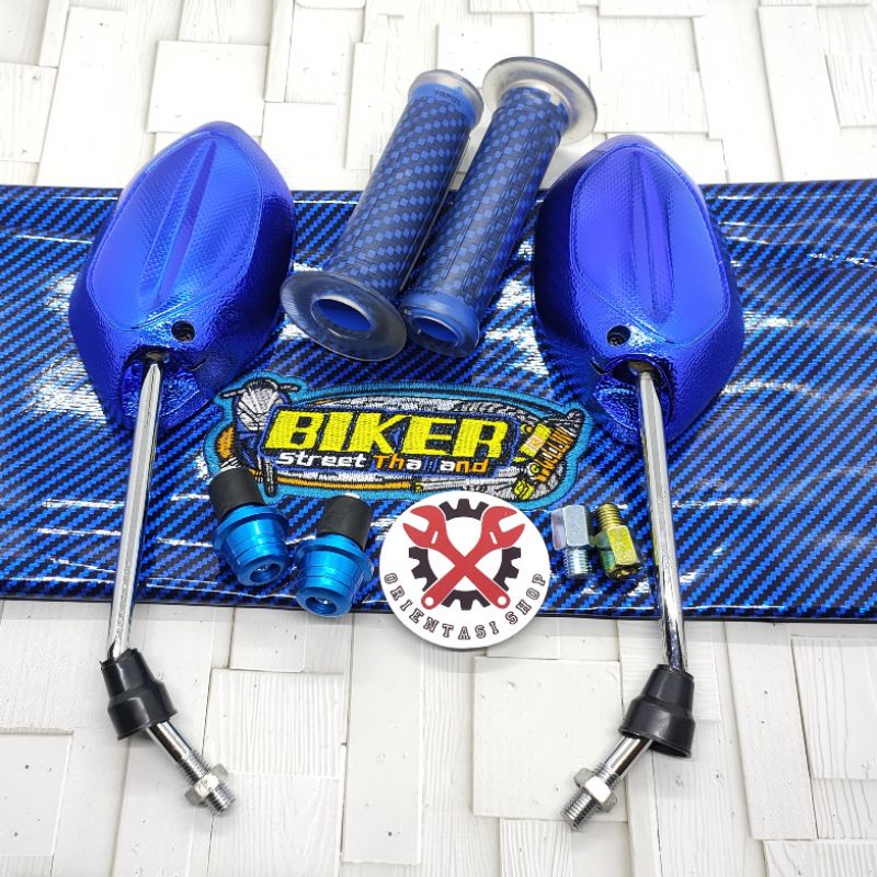 Spion beat biru tangkai panjang+handgrip Carbon+kulit jok biker+Jalu stang universal motor Honda