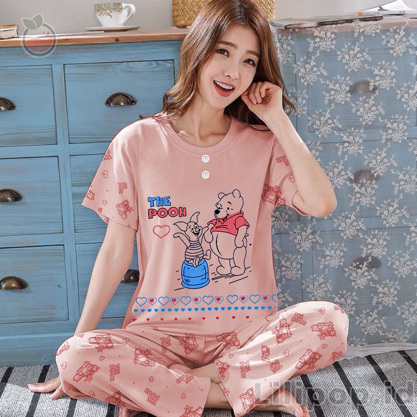 Baju Tidur Stelan Wanita Celana Panjang Baby doll Dewasa Piyama Allsize Cp Lilipop Sleep Wear-Piglet salem