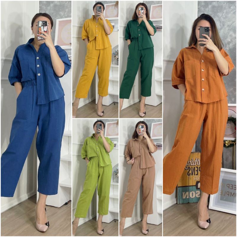 ⚡️CLEARANCE SALE ♡ PREMIUM ♡ CLARRINE 2 IN 1 SET COLLAR BUTTON POCKET SHIRT WITH PANTS / SETELAN KEMEJA &amp; CELANA ( BUSUI FRIENDLY )