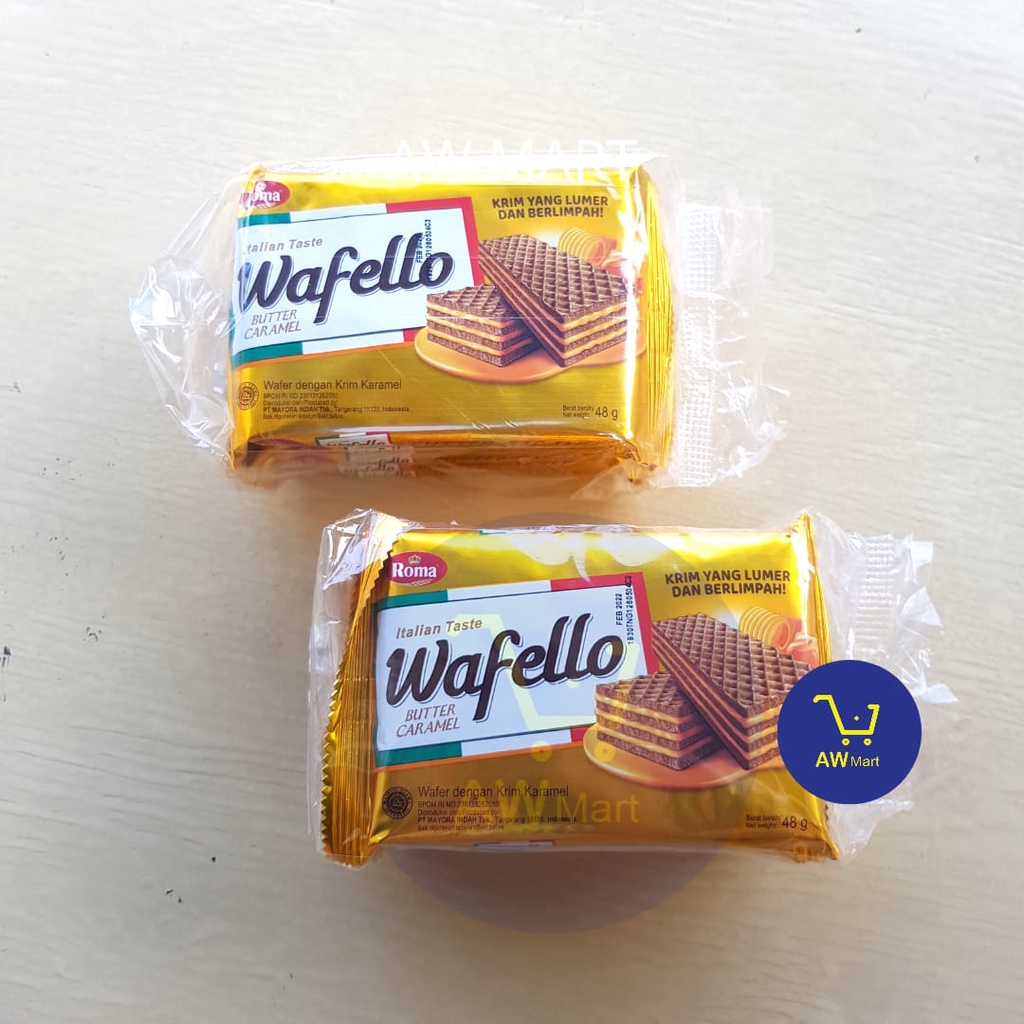 WAFER ROMA WAFELLO BUTTER CARAMEL  isi 5 PCS X 48 GRAM (240 GRAM)- WAFER DENGAN KRIM KARAMEL