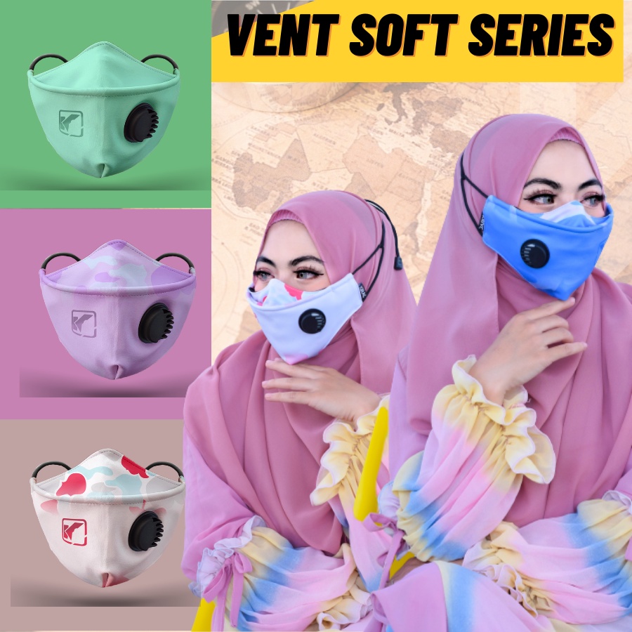 VENT SOFT SERIES  Masker Kain 3D 3 ply Lapis Respirator Hijab Korea Headloop Earloop Motif Keren