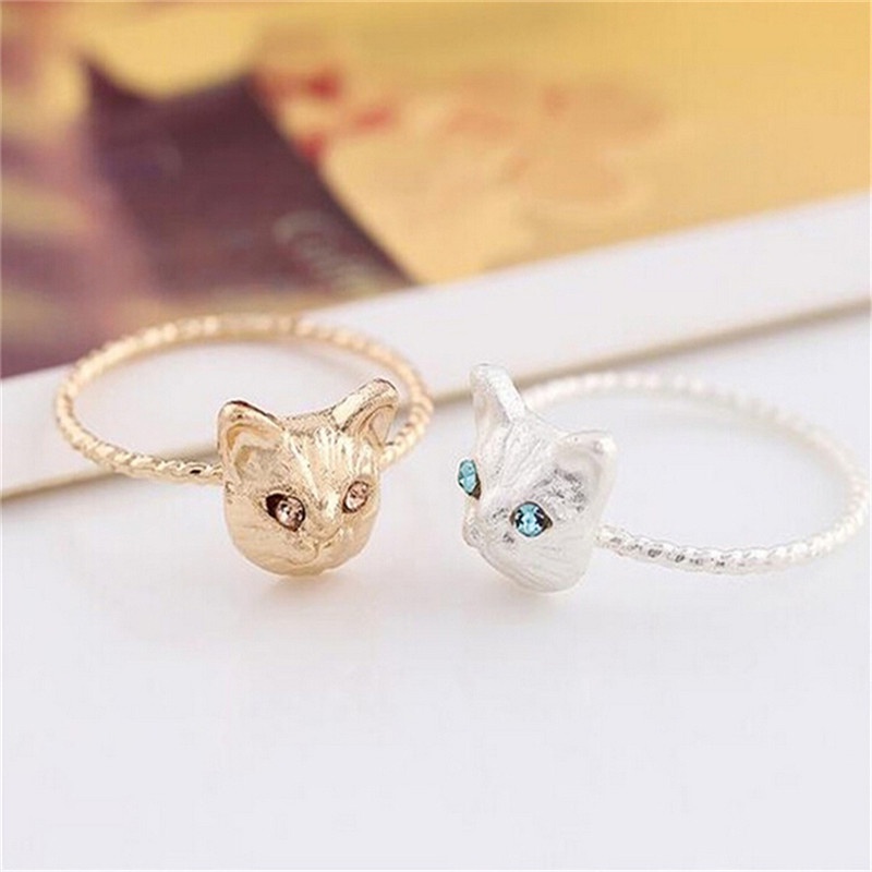 # Kaos T-Shirt Wanita Lengan Pendek Motif Print #1pc Cincin Berlian Imitasi Bentuk Kucing Mini Warna Hitam / Emas / Silver