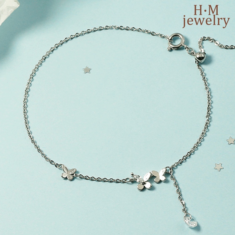 Gelang Kaki S925 Silver Model Rumbai Kupu-Kupu Aksen Berlian Butterfly