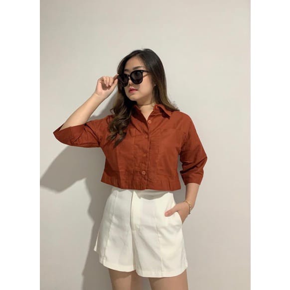 Atasan Kemeja Blouse Top Wanita Crop Linen  Premium Amanda Terbaru Kekinian