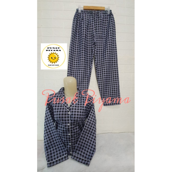 Setelan Lengan Pendek Piyama Baju Tidur Wanita Guilen Kotak Pajamas Cewek Dewasa Kekinian Abg-L Lumina Panjang Abu