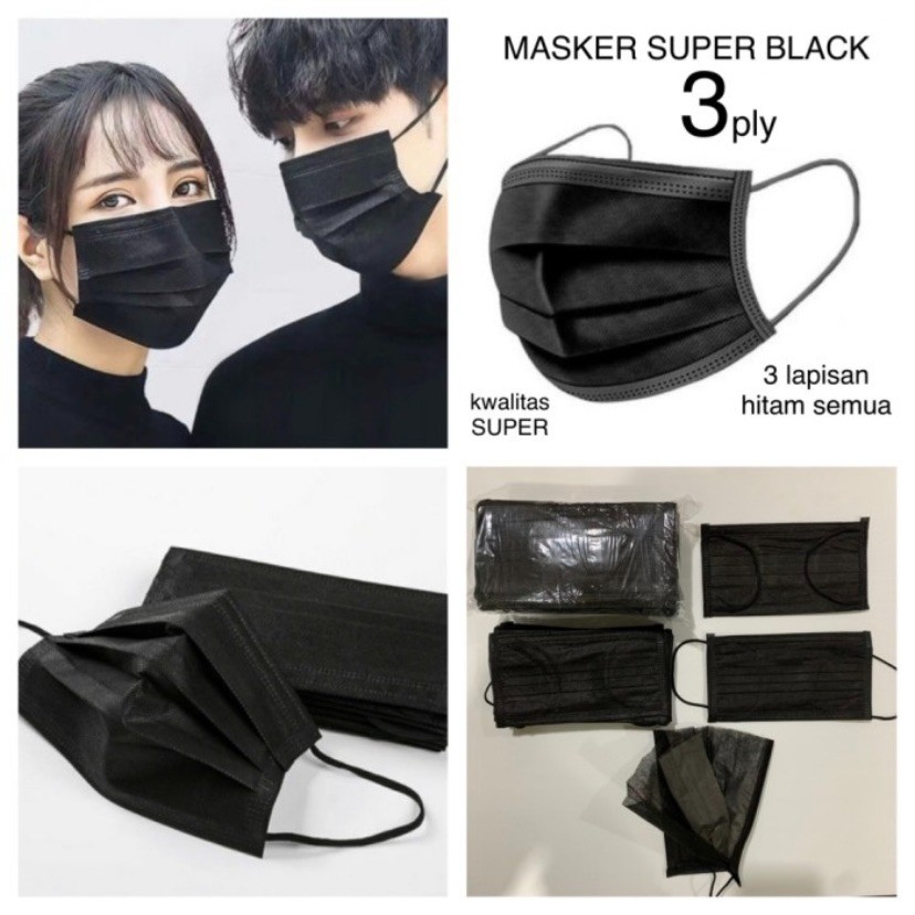 MASKER 3 PLY HITAM 50pcs / EARLOOP HITAM 3PLY isi 50pcs / CANTOL HITAM / MASKER KOREA TERMURAH isi 5