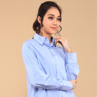 Jual Benhill Kemeja Wanita Kantor Katun Stretch Lengan Panjang Biru