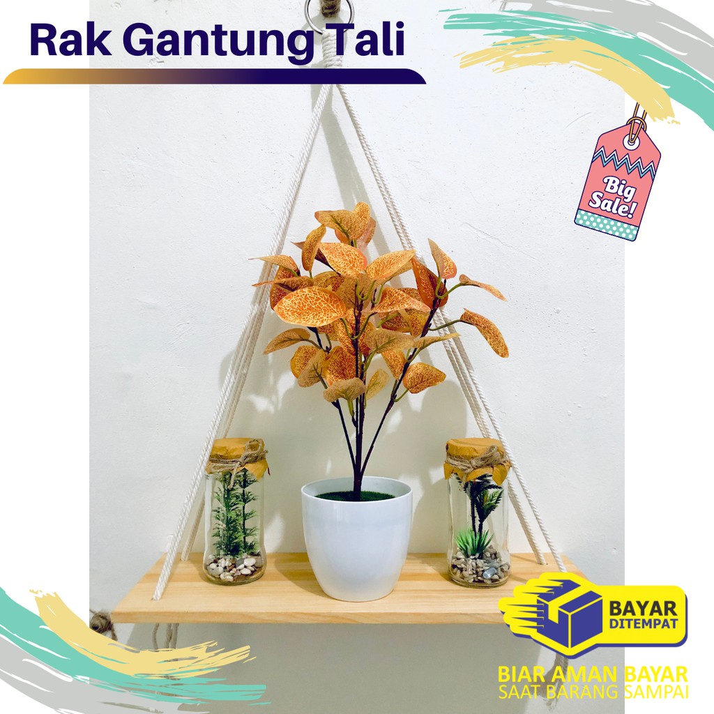 Rak Dinding Gantung Kayu Tali Unik Ukuran Besar