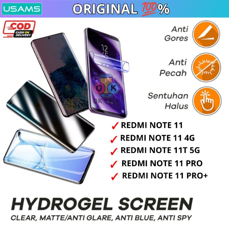 USAMS Hydrogel Anti Gores Blue Light Matte Glare Gaming Spy Xiaomi Redmi Note 11 11T PRO PLUS 4G 5G