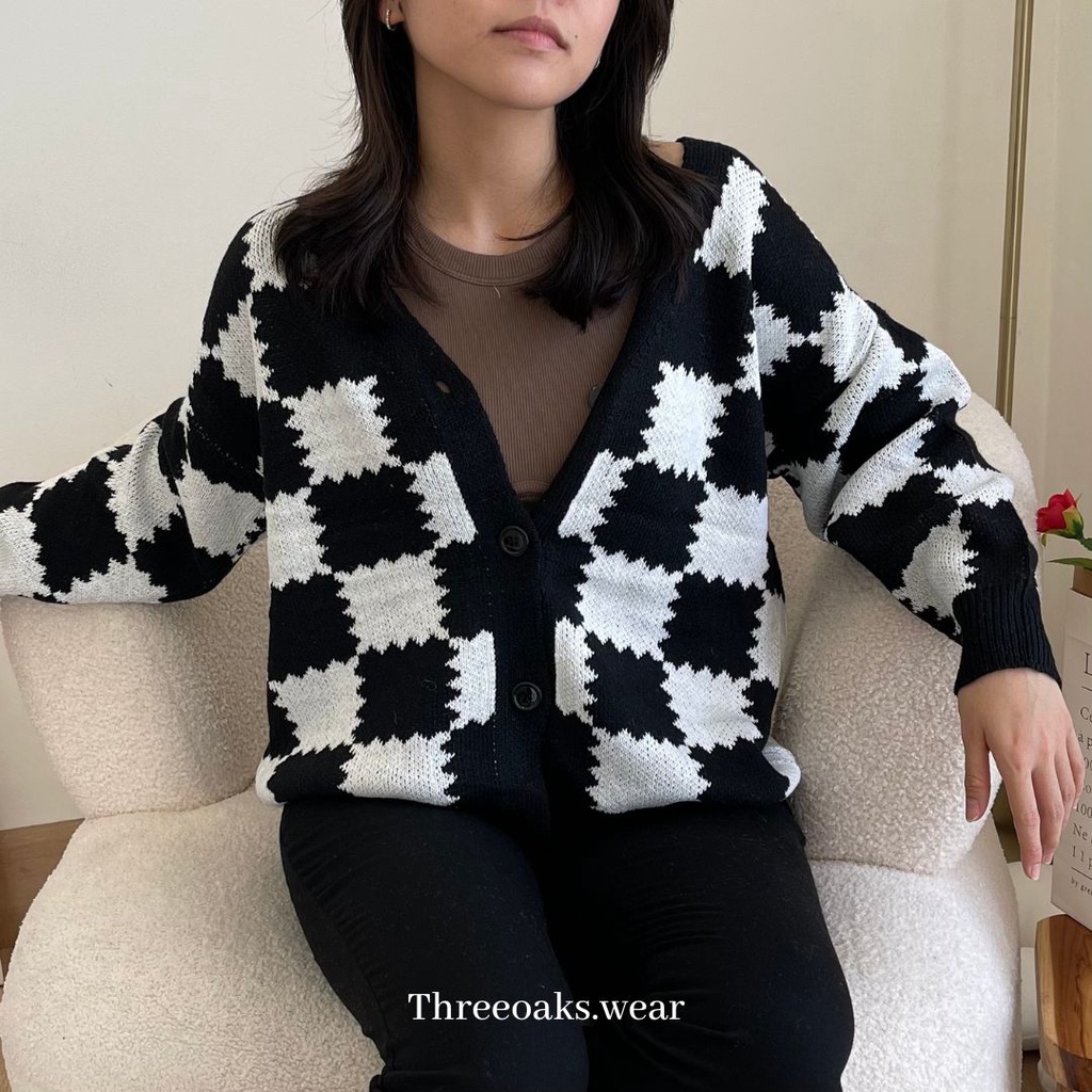 RUE WAVY CHECKERED CARDIGAN - Kardigan Premium Import Wavy Checkered Tangan Panjang Korean Style