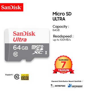 Memory Card | Micro SD 64GB SanDisk Ultra up to 100Mbps Class 10 - Garansi Resmi 7 Tahun