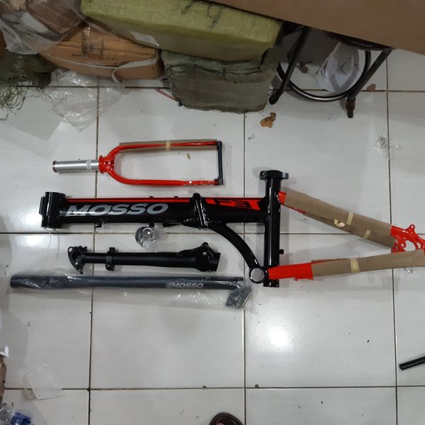 frame sepeda lipat mosso F3 disc brake ukuran 16 lengkap siap rakit ringan BLACK RED - folding bike
