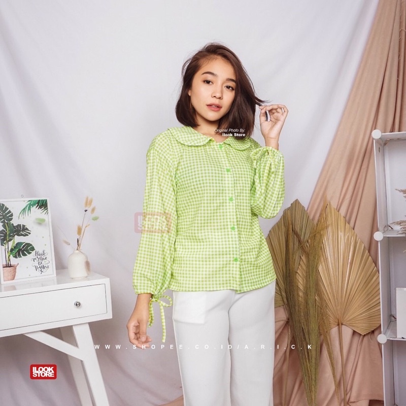 (COD) Blouse Rahel | blouse monez | Blouse Wanita Motif Kotak Bahan Creepe - Fit to L-8