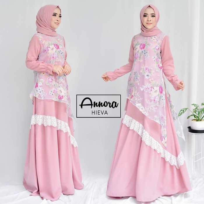Set Heiva by Annora Setelan Dress / Gamis dan Pashmina Bahan Creppe Ity Kombinasi Organdi & Brokat L