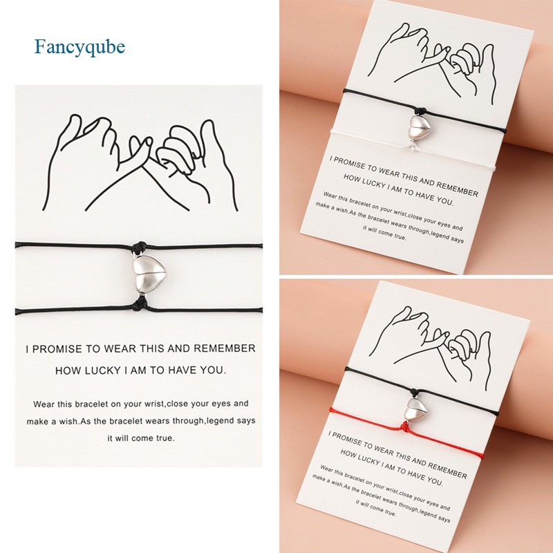 Fancyqube 2pcs / Set Gelang Tali Magnetik Adjustable Bentuk Hati Warna Hitam Merah Untuk Pria Dan Wanita