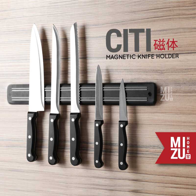 MIZU CITI Magnetic Knife Holder Organizer Gantungan Pemegang Tempat Pisau Magnet Dinding Dapur-BLACK hitam