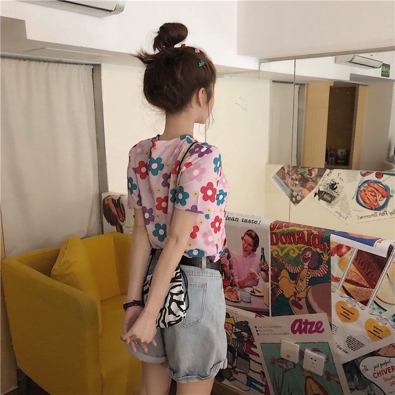 VS - Kaos FLOWER / FLORA T-Shirt O-Neck Lengan Setengah Motif Print Gaya Korea untuk Wanita