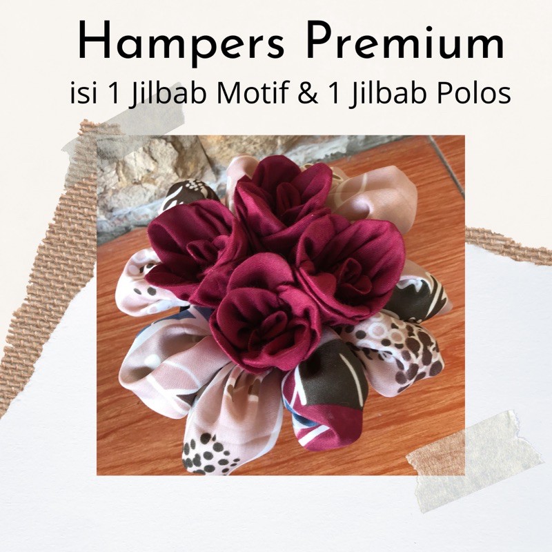Buket Hampers Hijab Premium isi 2, Kado Wisuda Unik, Souvenir Hijab, GiftBox Jilbab, Hadiah Hari ibu