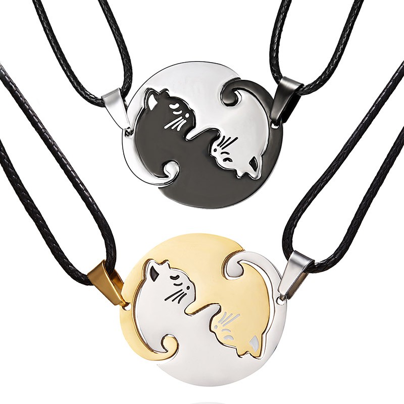 Kalung Bahan Stainless Steel Desain Kucing Yin Yang Tai Chi Warna Hitam Putih Untuk Pasangan