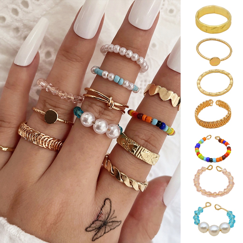 Hu Hu Hu Hu Hu Alat Bantu Pasang Kacamata♡ 12pcs / Set Cincin Knuckle Model Terbuka Aksen Mutiara Imitasi Warna-Warni Untuk Wanita