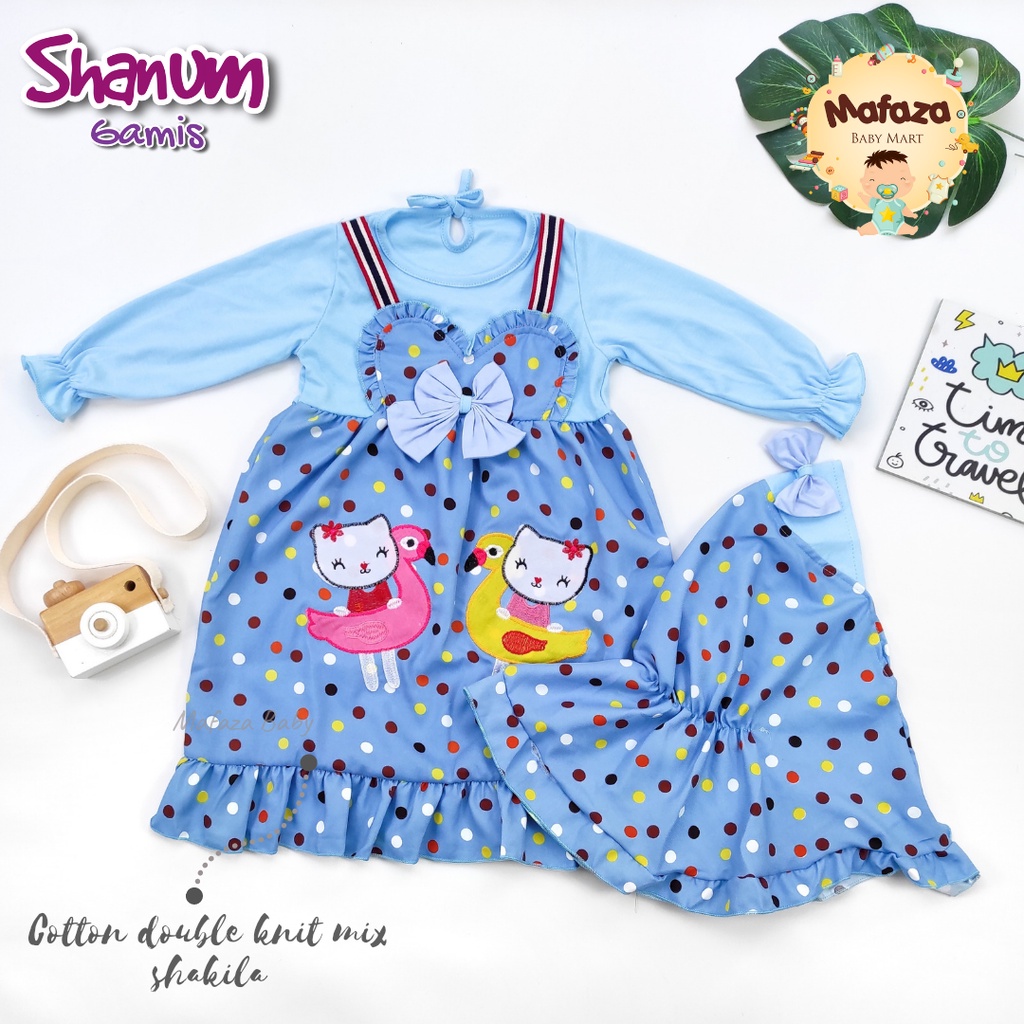 MAFAZABABY Baju Muslim Anak / Bayi Dress Muslim Anak Baju Muslim Bayi Gamis Anak Murah Gamis Anak 6-18 Bulan Murah Bahan Katun Berkualitas SNI-Shanum (biru)