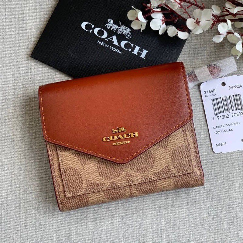 Coach Small Wallet In Signature Canvas With Floral Bow Dark Brown