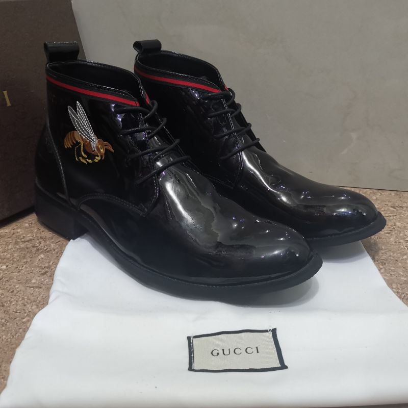 sepatu pantofel boots gucc'i mirror quality shoes formal pria hitam kilat