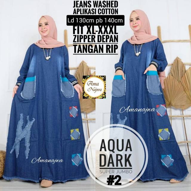 Gamis jeans washed Aqua Dark super duper jumbo ld 130 dan ld 140