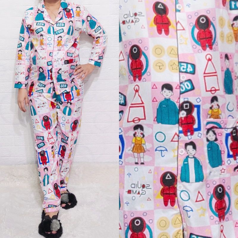 Baju Tidur Piyama Wanita Motif Squid Game Pajamas Katun  / Baju Tidur setelan Wanita Katun PP dewasa Terbaru Bigsize Kekiniaan