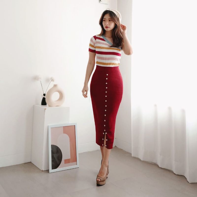 MDLV ~ A134 MELITA KNITTED 2PCS SET TOP TARZAN &amp; ROK MIDI RAJUT SETELA RAJUT CANTIK FASHION IMPORT