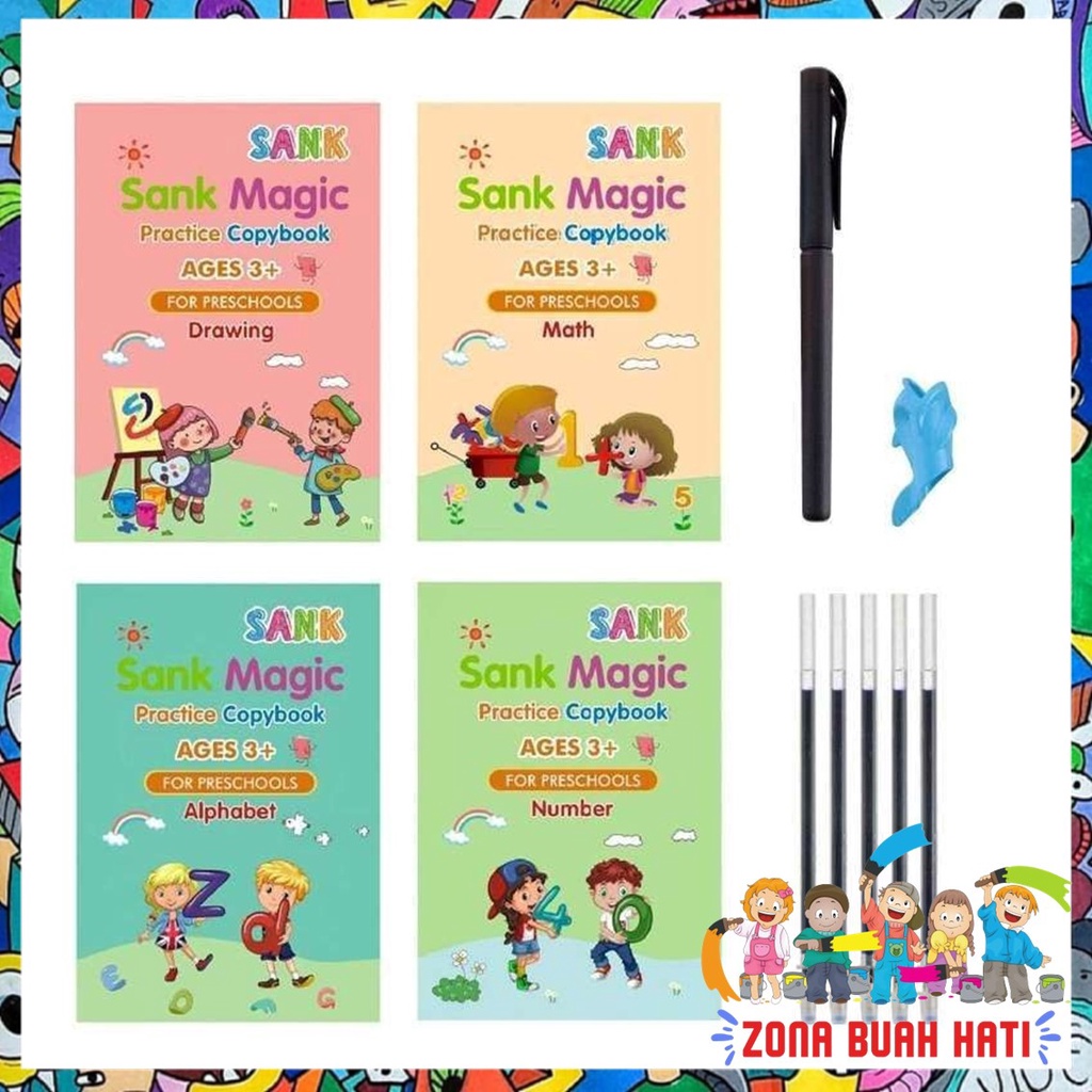 ZBH Sank Magic Practice Copy Book 4 in 1 Bahasa Inggris Arabic Hijriyah Hijaiyah Umur 3 Tahun Keatas Buku Edukasi Panduan Belajar Menulis Anak TK Buku Belajar Buku Gambar Anak 1 Set Isi 4 Buku + Refill For Preschools