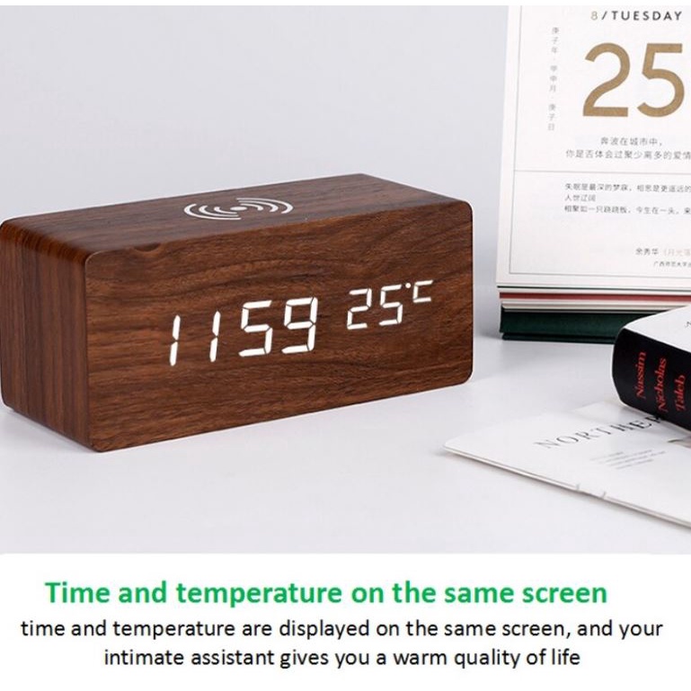 JD-06 Wireless Charging Jam meja Kayu Digital Led Weker / Wooded Alarm LED Clock Waker Suhu temperature date Tanggal Jam Meja