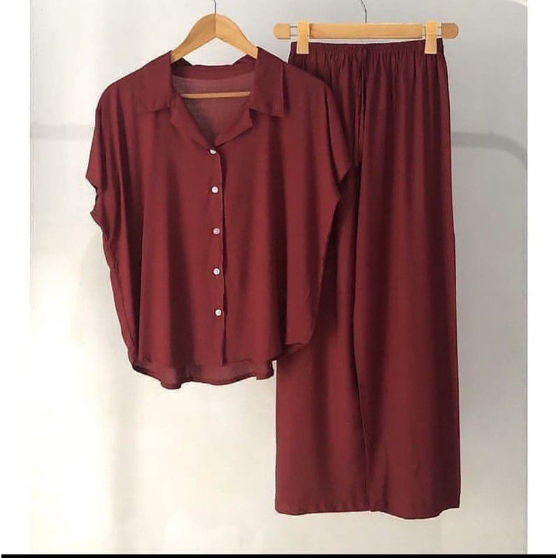 PIYAMA / BAJU TIDUR DEWASA / RAYON TWELL / SET KEMEJA POLOS