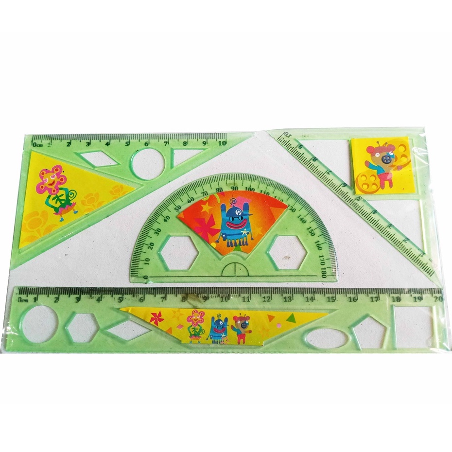 Set 4 pcs Penggaris lurus Segitiga Busur Motif Hewan