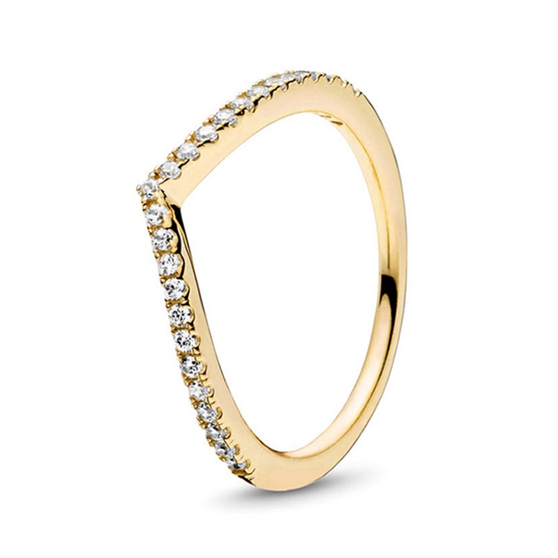 Pandora Cincin Sterling Silver 925 Lapis Emas 18K Bentuk V Hias Cubic Zirconia Untuk Wanita
