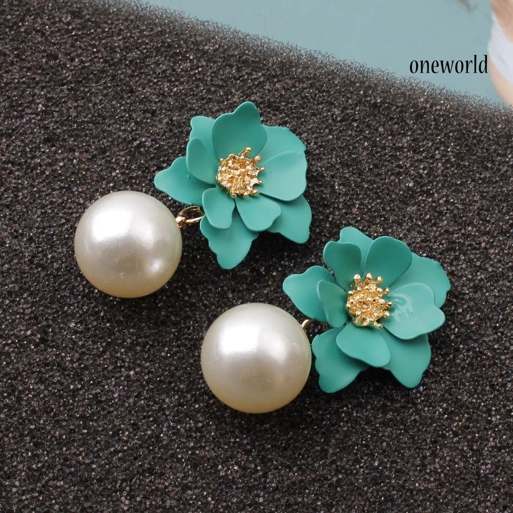 OW@ Sweet Women Faux Pearl Dangle Resin Flower Stud Earrings Summer Jewelry Gift