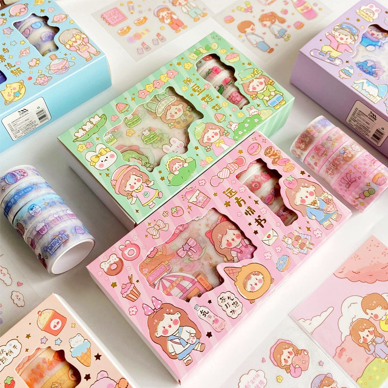

CARTOON PINK GIRL art Complete DIY set washi tape and Sticker SET