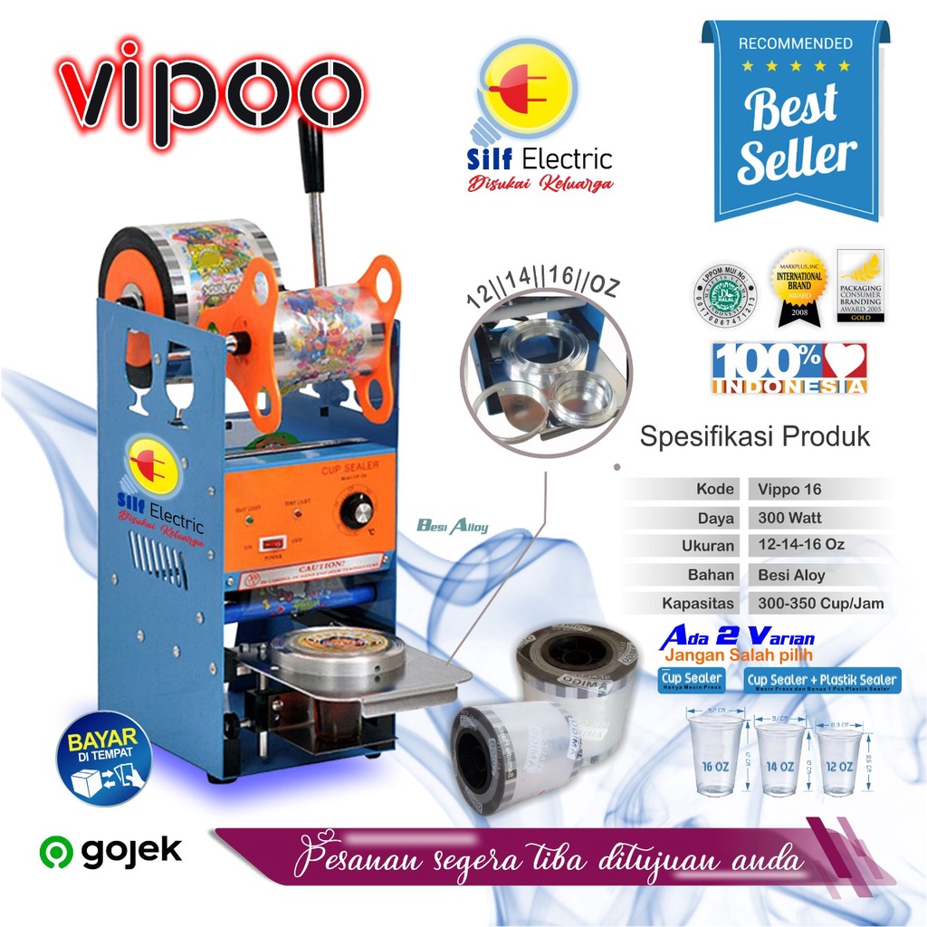 Mesin Cup Sealer VIPOO Press Gelas Plastik Sealing Machine 12-14-16 OZ