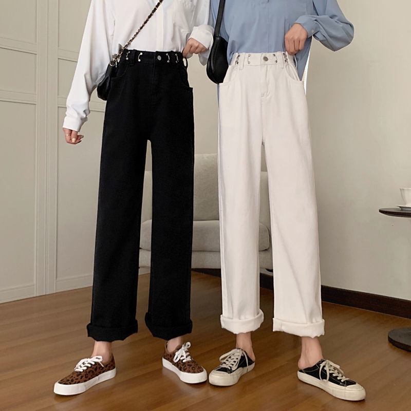 korean style putih/hitam loose straight high waist celana jeans pengait wanita