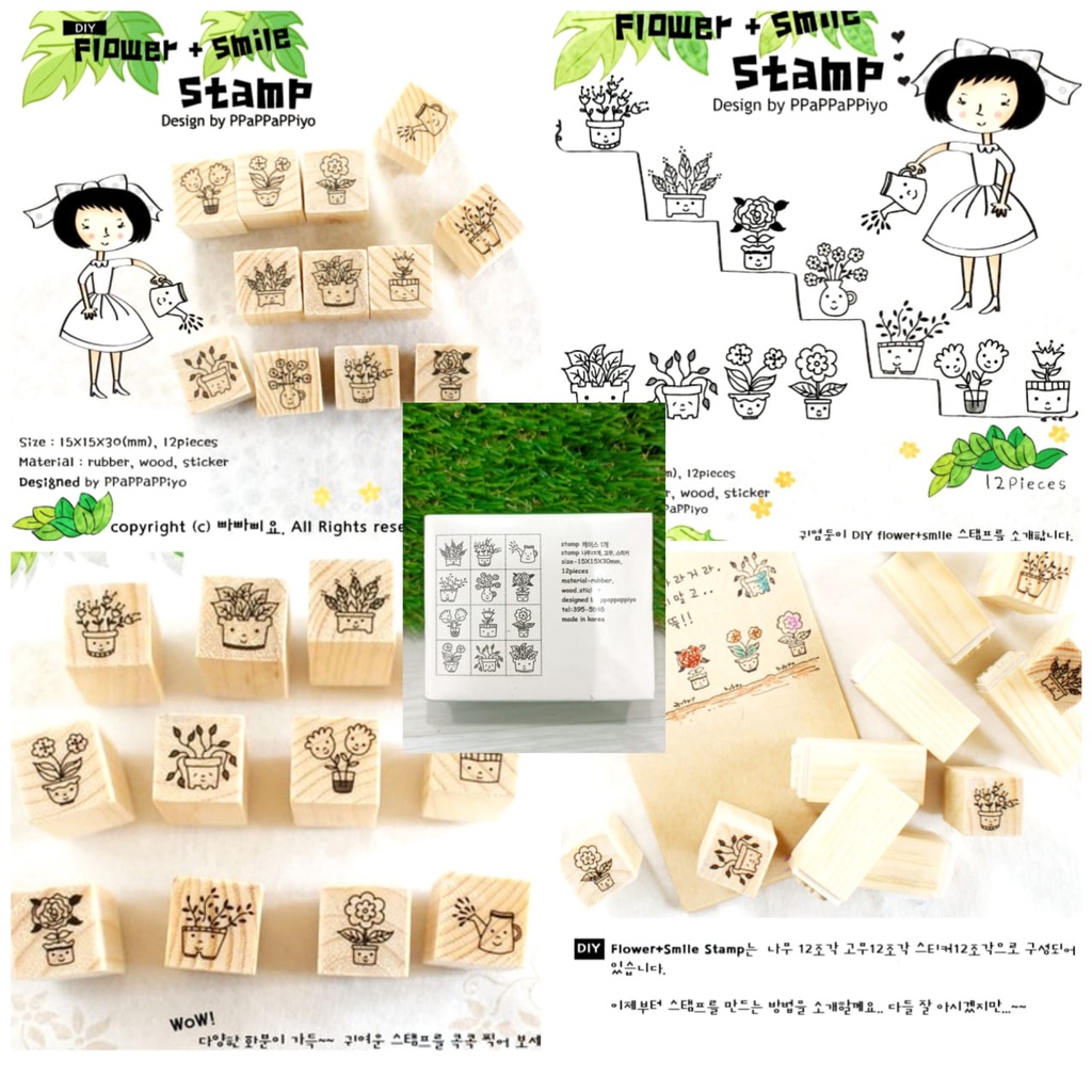 Stempel Cap Stamp Setempel Kayu Wood Korean korea  Karakter Cute Mini Mungil Lucu korean korea Untuk Buku Diary Diari Kekinian Motif Kucing Bunga