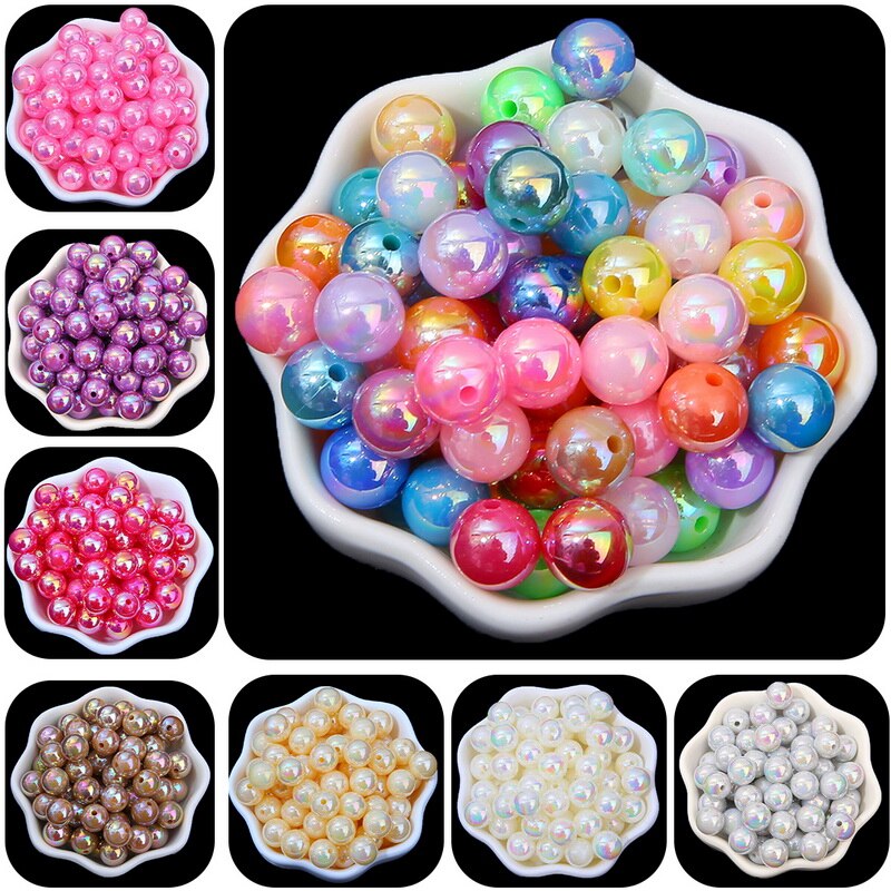 Manik-Manik Bulat Longgar Bahan Akrilik Warna Pelangi Ab Ukuran 6mm 8mm 10mm Untuk Membuat Perhiasan