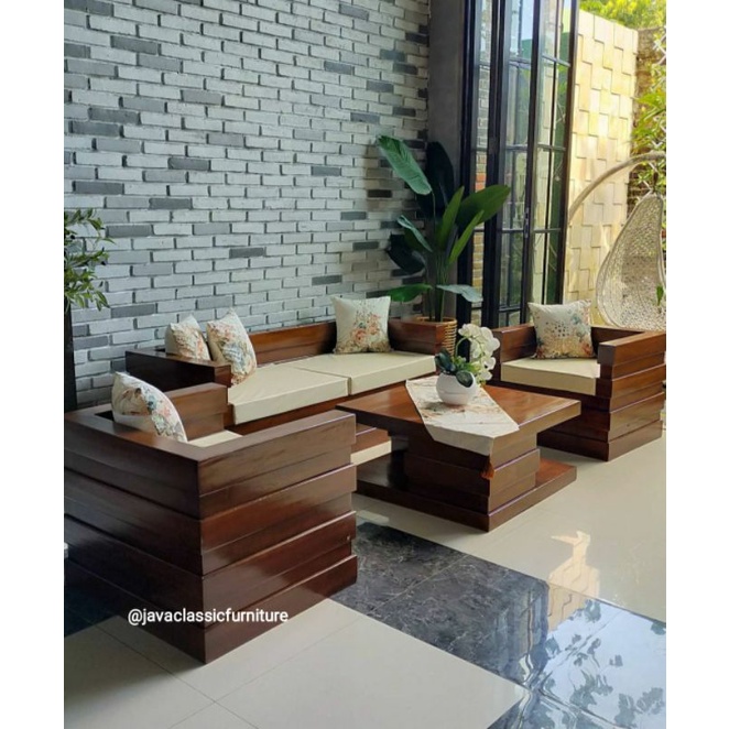 1 SET KURSI RUANG TAMU BOX MINIMALIS KAYU JATI GRADE A 211 DAN MEJA FREE DUDUKAN SOFA BUSA JOK WARNA NATURAL FURNITURE JEPARA-1