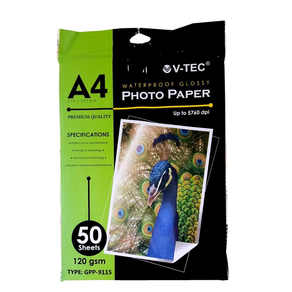 

KERTAS FOTO V-TEC GLOSSY PHOTO PAPER A4 120 GSM GPP-9115