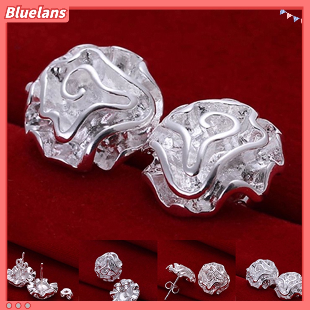 Bluelans Anting Tusuk Lapis Silver Desain Bunga Mawar Untuk Wanita