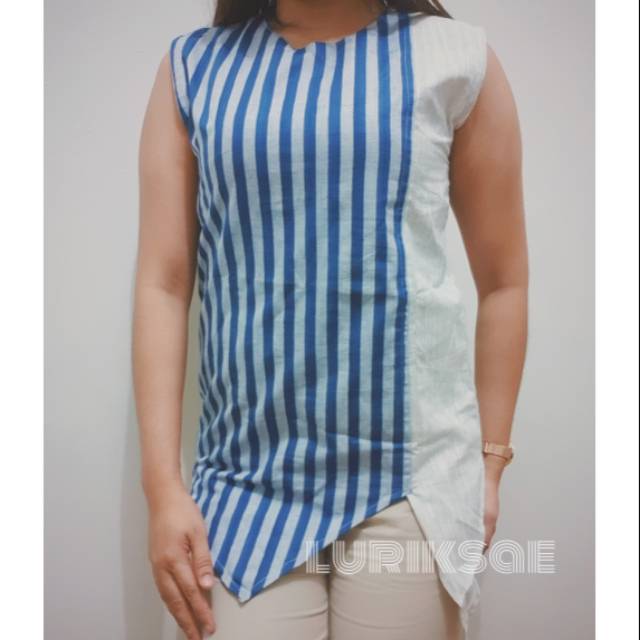 Blouse Lurik Biru Putih Kombinasi