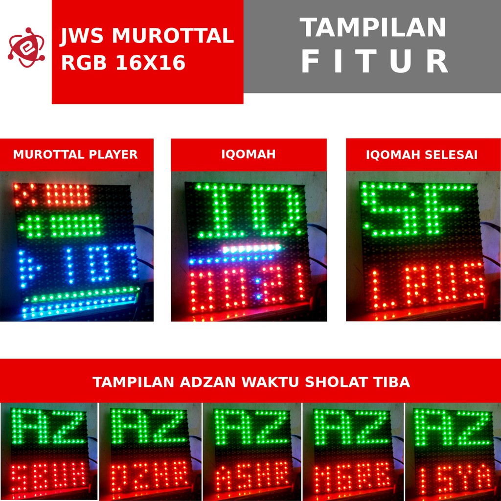 JWS Murottal RGB P10 16x16 Jam Digital LED Pengingat Waktu Sholat